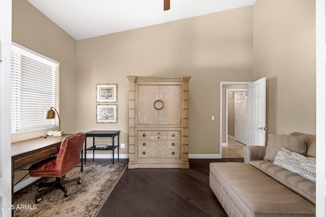 10623 E Acacia Dr, Scottsdale, AZ 85255 - office space with ceiling fan, baseboards, and dark wood finished floors