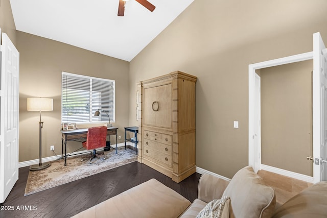 10623 E Acacia Dr, Scottsdale, AZ 85255 - office featuring baseboards, dark wood finished floors, and ceiling fan