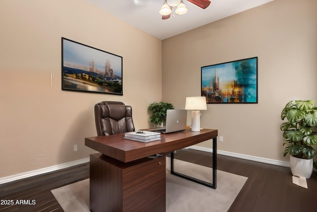 office space with a ceiling fan, baseboards, and dark wood-style flooring