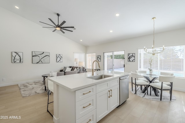 kitchen with pendant lighting, white cabinetry, sink, a kitchen island with sink, and stainless steel dishwasher