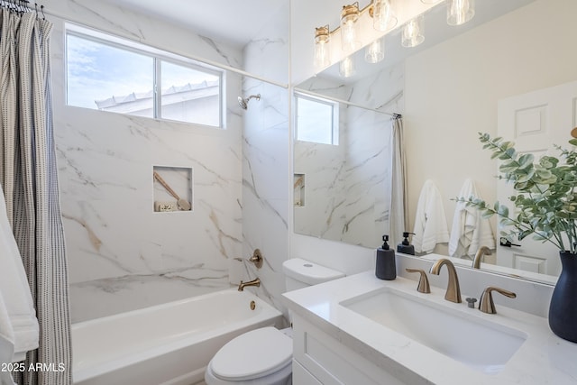 full bathroom featuring shower / bath combination with curtain, vanity, and toilet