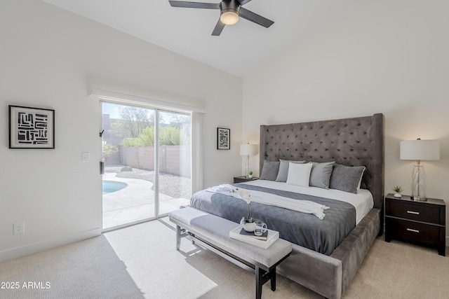 carpeted bedroom with access to exterior, high vaulted ceiling, and ceiling fan