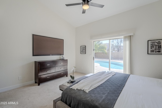 bedroom with lofted ceiling, access to outside, light colored carpet, and ceiling fan