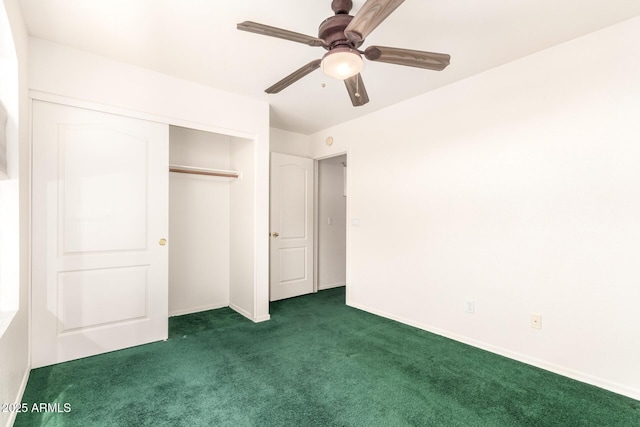 unfurnished bedroom featuring a closet, carpet flooring, baseboards, and a ceiling fan