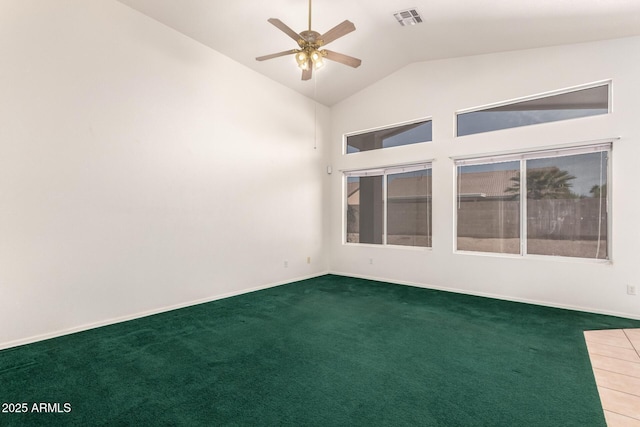 carpeted spare room featuring baseboards, ceiling fan, high vaulted ceiling, and visible vents