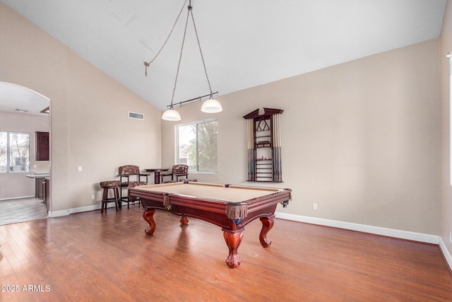 rec room featuring high vaulted ceiling, wood-type flooring, and pool table