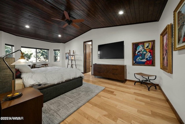 bedroom with vaulted ceiling, ceiling fan, wood ceiling, and light hardwood / wood-style floors