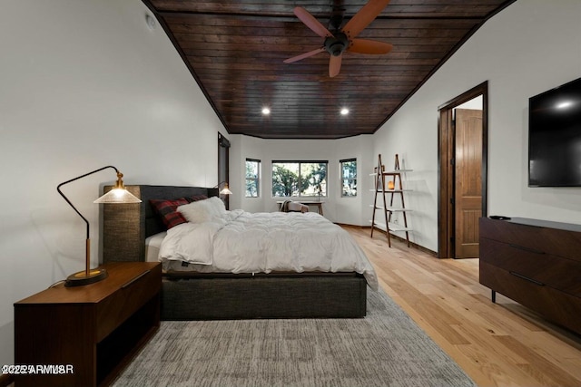 bedroom with lofted ceiling, light hardwood / wood-style flooring, wooden ceiling, and ceiling fan