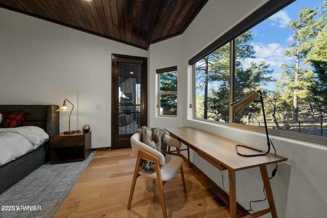 sunroom featuring wooden ceiling