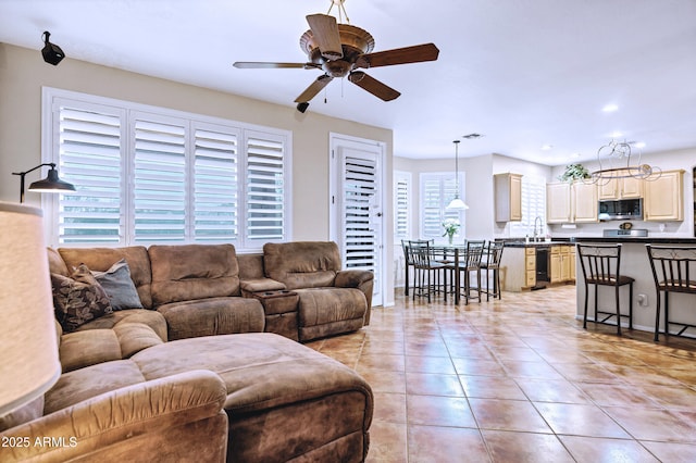 2758 N Sterling, Mesa, AZ 85207 - living room featuring ceiling fan, light tile patterned floors, and recessed lighting
