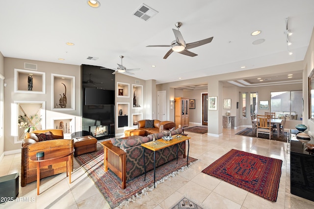 tiled living room with built in features