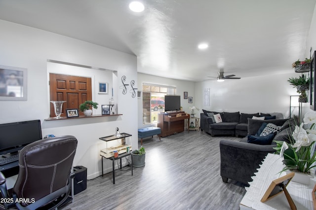706 E Roosevelt Ave, Buckeye, AZ 85326 - living room featuring ceiling fan, wood finished floors, an office area, and recessed lighting