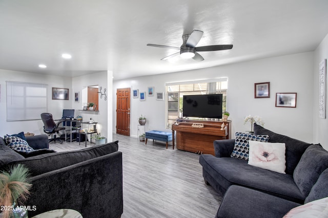 706 E Roosevelt Ave, Buckeye, AZ 85326 - living area featuring wood finished floors, a desk, a ceiling fan, and recessed lighting
