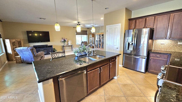 kitchen featuring ceiling fan, sink, an island with sink, pendant lighting, and appliances with stainless steel finishes