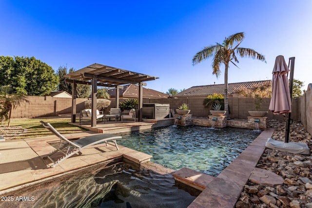 view of swimming pool featuring a jacuzzi, a pergola, an outdoor living space, and a patio