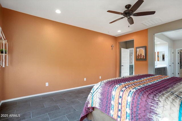 bedroom with ceiling fan and connected bathroom