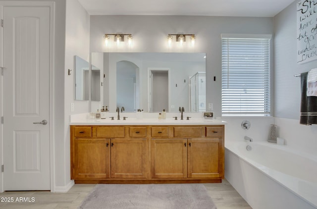 bathroom featuring a garden tub, a stall shower, double vanity, and a sink