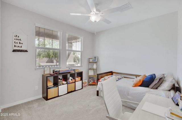 bedroom with visible vents, a ceiling fan, carpet flooring, and baseboards