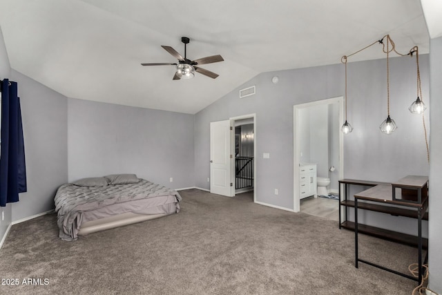 2934 S Woodruff Cir, Mesa, AZ 85212 - bedroom featuring carpet floors, lofted ceiling, connected bathroom, and ceiling fan