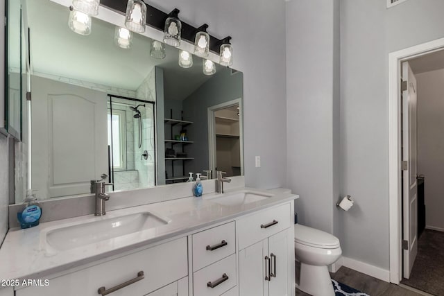 2934 S Woodruff Cir, Mesa, AZ 85212 - full bathroom with a stall shower, double vanity, and wood finished floors