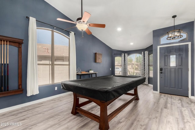 2934 S Woodruff Cir, Mesa, AZ 85212 - recreation room featuring vaulted ceiling, plenty of natural light, billiards, light wood-type flooring, and recessed lighting