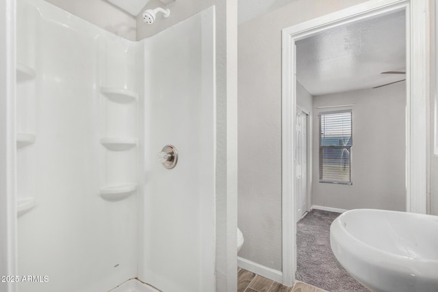 bathroom with hardwood / wood-style flooring and walk in shower