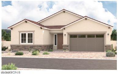 ranch-style home with stone siding, driveway, an attached garage, and stucco siding