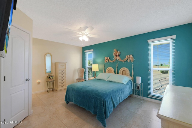 bedroom featuring ceiling fan and a textured ceiling