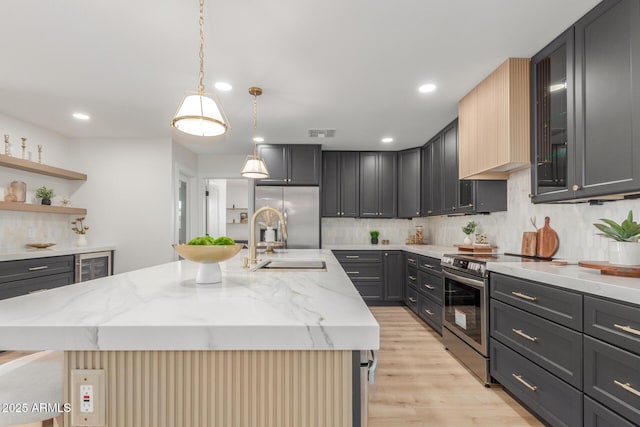 kitchen with stainless steel appliances, a sink, a center island with sink, tasteful backsplash, and visible vents