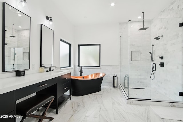 38953 N 57th Pl, Cave Creek, AZ 85331 - full bath featuring a shower stall, tile walls, a soaking tub, vanity, and marble finish floors