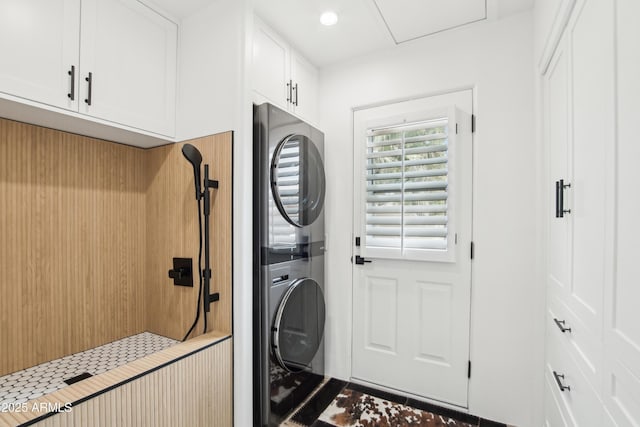 38953 N 57th Pl, Cave Creek, AZ 85331 - clothes washing area featuring stacked washer / drying machine and cabinet space
