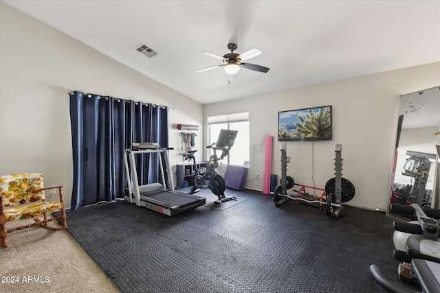 workout area with ceiling fan and lofted ceiling