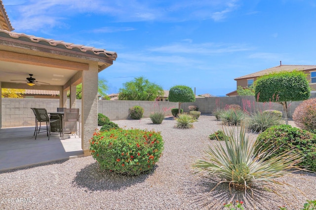 view of yard featuring ceiling fan, a fenced backyard, and a patio area