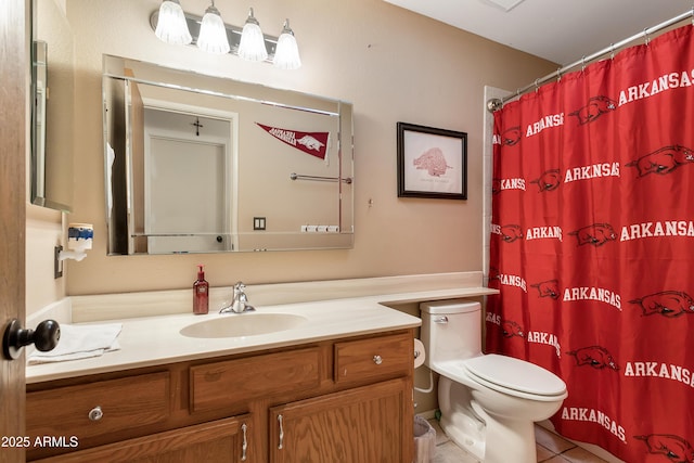 bathroom featuring a shower with curtain, tile patterned flooring, vanity, and toilet