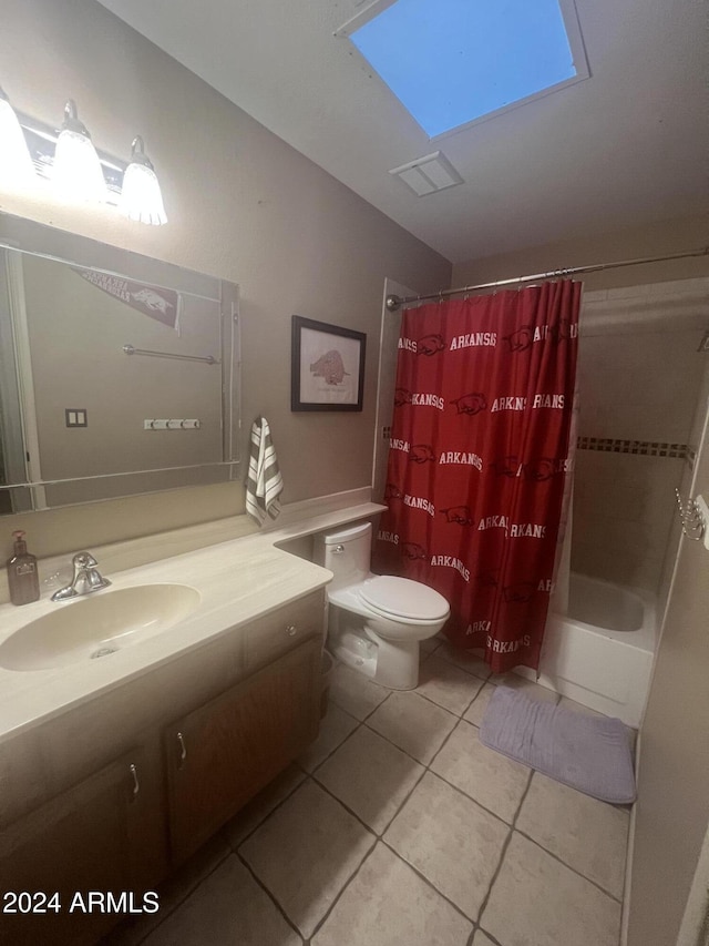 full bathroom featuring toilet, vanity, tile patterned floors, and shower / bathtub combination with curtain