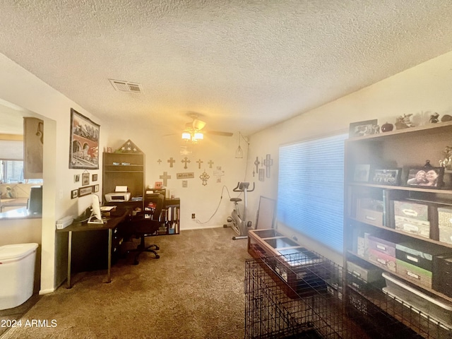 carpeted office space with ceiling fan and a textured ceiling