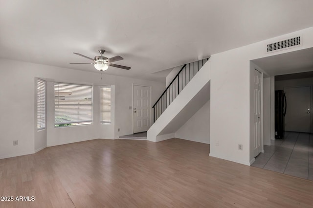4644 W Havasupai Dr, Glendale, AZ 85308 - unfurnished living room featuring a ceiling fan, wood finished floors, and stairway