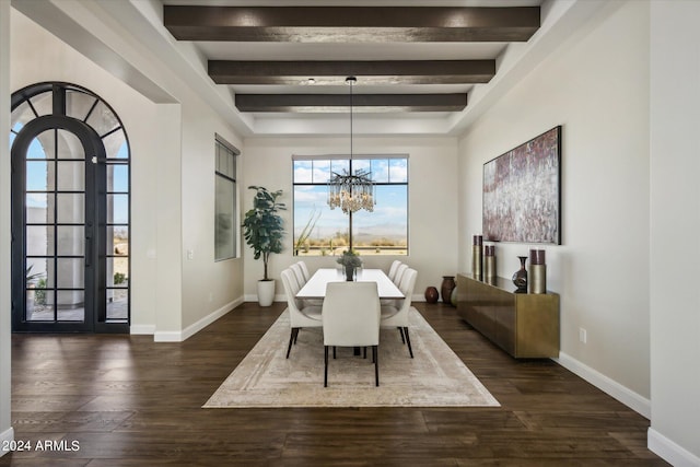 dining space featuring dark hardwood / wood-style floors, beam ceiling, and a notable chandelier