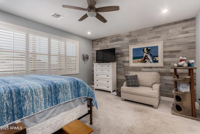 8741 N 185th Ave, Waddell, AZ 85355 - bedroom featuring an accent wall, carpet, recessed lighting, wooden walls, and a ceiling fan