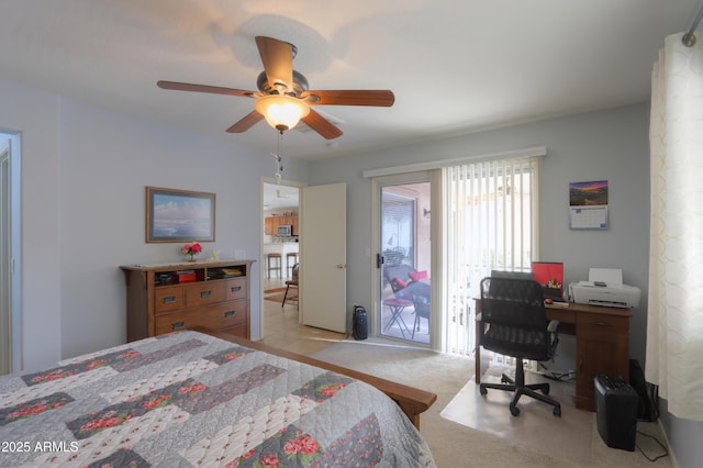 bedroom featuring ceiling fan, light colored carpet, and access to outside