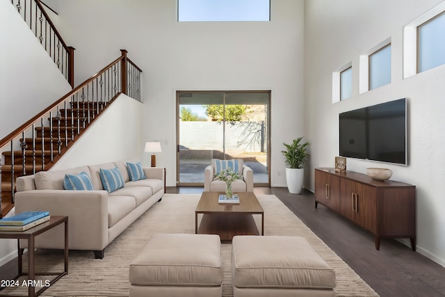 living room with hardwood / wood-style floors and a high ceiling