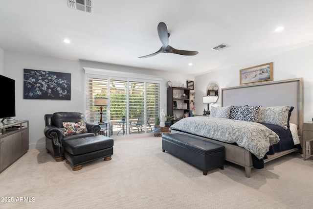 carpeted bedroom featuring access to exterior, recessed lighting, visible vents, and a ceiling fan