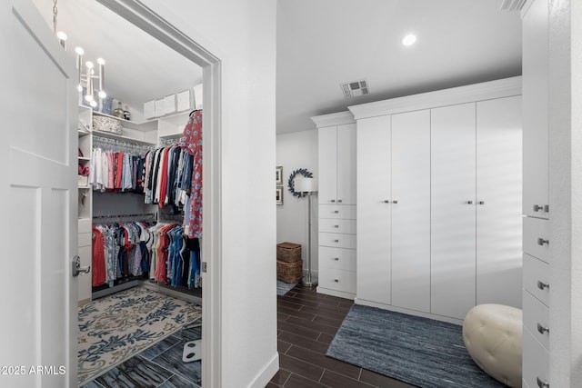 spacious closet with wood finish floors and visible vents