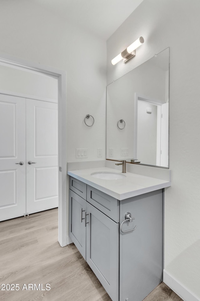 bathroom with wood finished floors and vanity