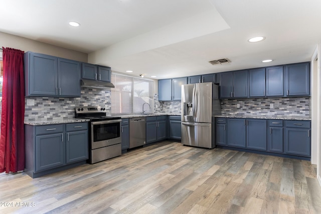 kitchen featuring backsplash, sink, light wood-type flooring, and stainless steel appliances