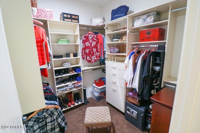 walk in closet featuring dark carpet