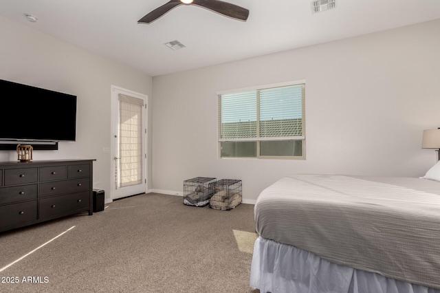 bedroom with light carpet and ceiling fan