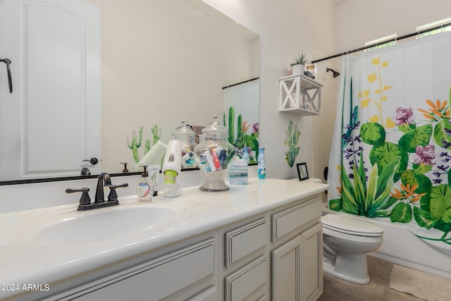 full bathroom featuring vanity, toilet, and shower / bathtub combination with curtain