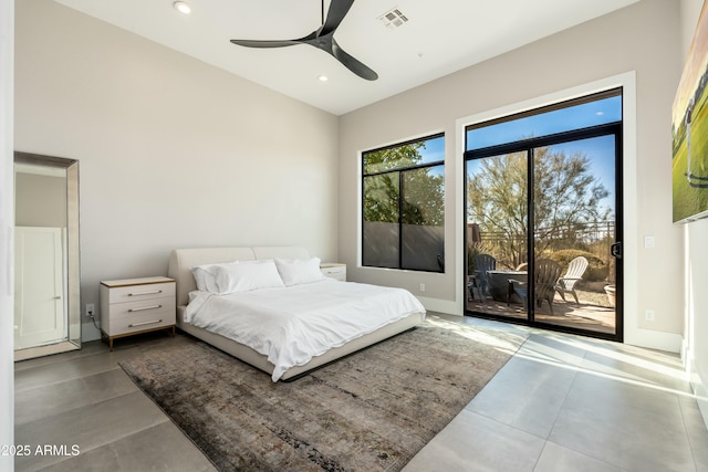 bedroom with ceiling fan and access to outside