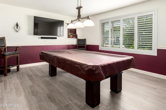 recreation room with baseboards, billiards, and wood finished floors